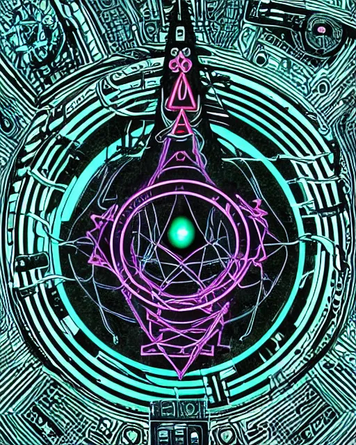 Image similar to eldritch being intertwined with technology, robotic eye, pyramid symbol, paranoia, wires, occult symbols, cyberpunk, digital art, very detailed, colored, clean lines