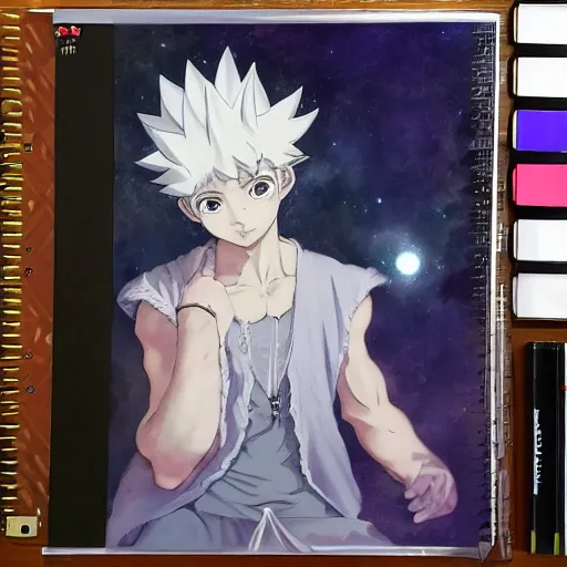 Prompt: HermesPunk Mercury The God Killua Zoldyck Portrait Ears Eyes Face with reflective Mask wearing Hawaiian Vest Bastien Lecouffe-Deharme Romain Trystram Jordan Grimmer Ilya Repin C. M. Kosemen All Tomorrows Youtube Video tombow staedtler anime hunterxhunter