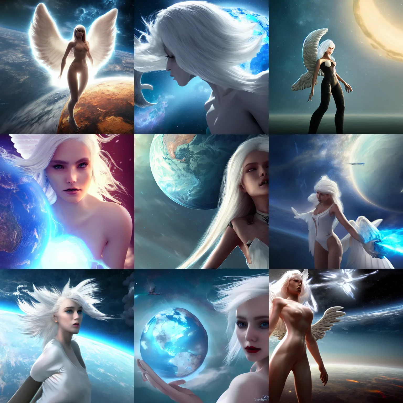 Prompt: surreal beautiful angel destroying earth from space, white hair, by wlop, artstation contest winner, cinematic paint, unreal engine