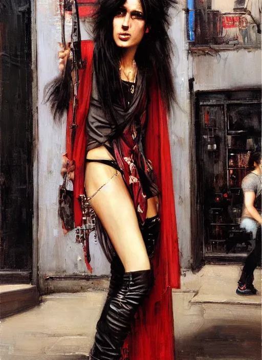 Prompt: androgynous glam rocker outside cbgb in the style of phil hale, sfumato Orientalist portrait by john william waterhouse, oil on canvas. Cinematic, hyper realism, realistic proportions, dramatic lighting, high detail 4k