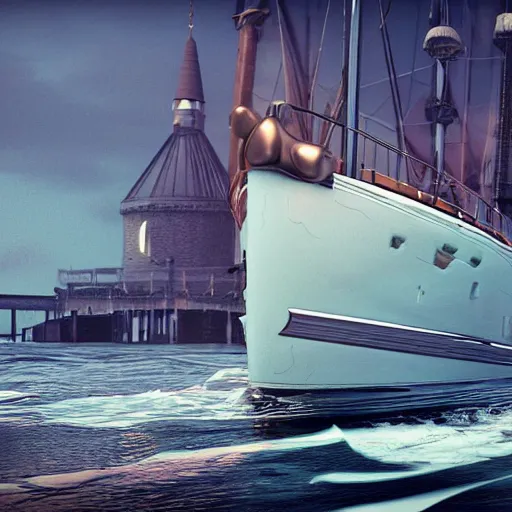 Prompt: A nightgaunt attacking a 1940s yacht on the pier in Istanbul. Octane render, hyperrealistic