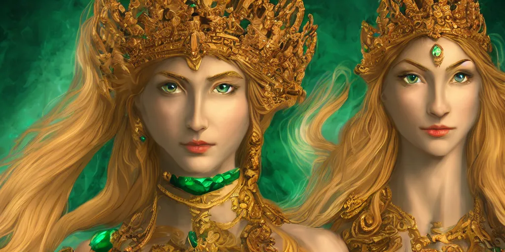 Image similar to A female godess made of stone with emerald green eyes, long blonde haired, royal dress, trending on artstation, arcane, digital media, 8k, contrasting colours