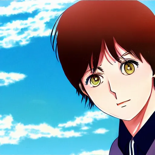 Image similar to anime illustration of young Paul McCartney from the Beatles, wearing a blue and white check shirt, on a yacht at sea, smiling at camera, white clouds, ufotable