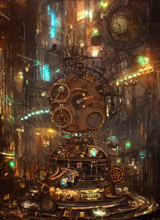 Image similar to steampunk time machine placed in the center of abandoned post Apocalyptic fututre cyberpunk city, ornate, intricate, emitting light ornaments, glowing gems, artstation