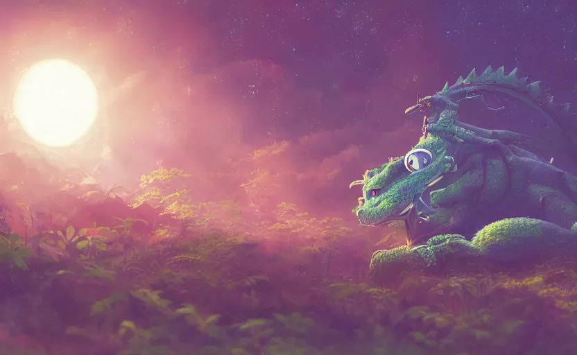 Image similar to a still of a cute adorable tiny astronaut, on a planet of lush foliage, with an enormous kaiju dragon surrounding, magical forest, sharp focus, neon backlit, highly detailed, disney pixar studio ghibli makoto shinkai, digital painting, matte, octane render, global illumination, iridescent, anime, 8 k