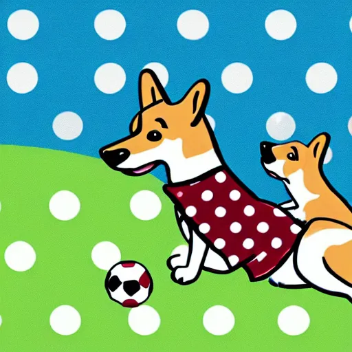 Image similar to illustration of french boy playing football with a corgi who is wearing a polka dot scarf