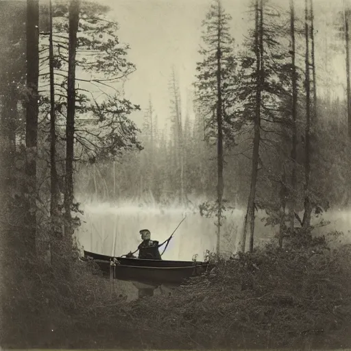 Prompt: hunter sitting in a canoe on the river, deep in the wilderness early in the misty morning in late winter or early spring, boreal forest, 19th century, tintype