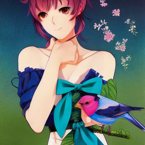 Prompt: colored pencil, anime art, beautiful full body female pinup girl, holding an indigo bunting bird, the bird is wearing a bowtie, wlop, rossdraws sakimimichan, ilya kuvshinov, krenz cushart, greg rutkowski