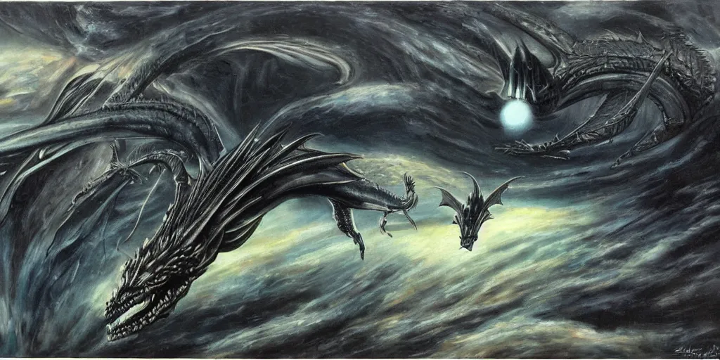 Image similar to painting by h. r. giger, menacing dragon soaring above the clouds, blackhole sun, dark undertones, exodus of the stars