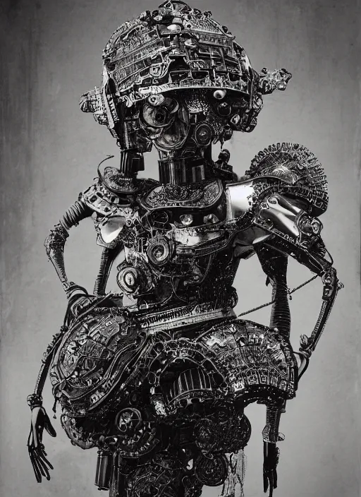 Prompt: old wetplate daguerreotype portrait of a futuristic silver armored geisha cyborg, fractal, intricate, elegant, highly detailed, parallax, leica, medium format, subsurface scattering, by jheronimus bosch and greg rutkowski and louis jacques mande daguerre