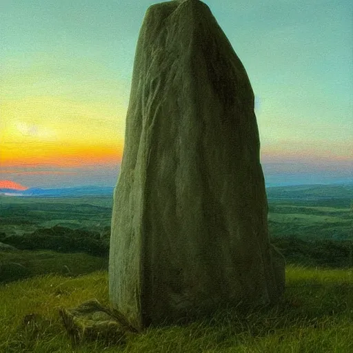 Prompt: a beautifully detailed oil painting of a menhir covered in celtic runes, on the top of a hill, dusk, caspar david friedrich, artstation