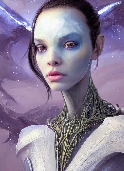 Image similar to a professional painting of a beautiful young female alien, clothed in ethereal armor, olive skin, long dark hair, beautiful bone structure, symmetrical facial features, intricate, elegant, digital painting, concept art, smooth, sharp focus, illustration, from Valerian and the City of a Thousand Planets, by Ruan Jia and Mandy Jurgens and Artgerm and William-Adolphe Bouguerea