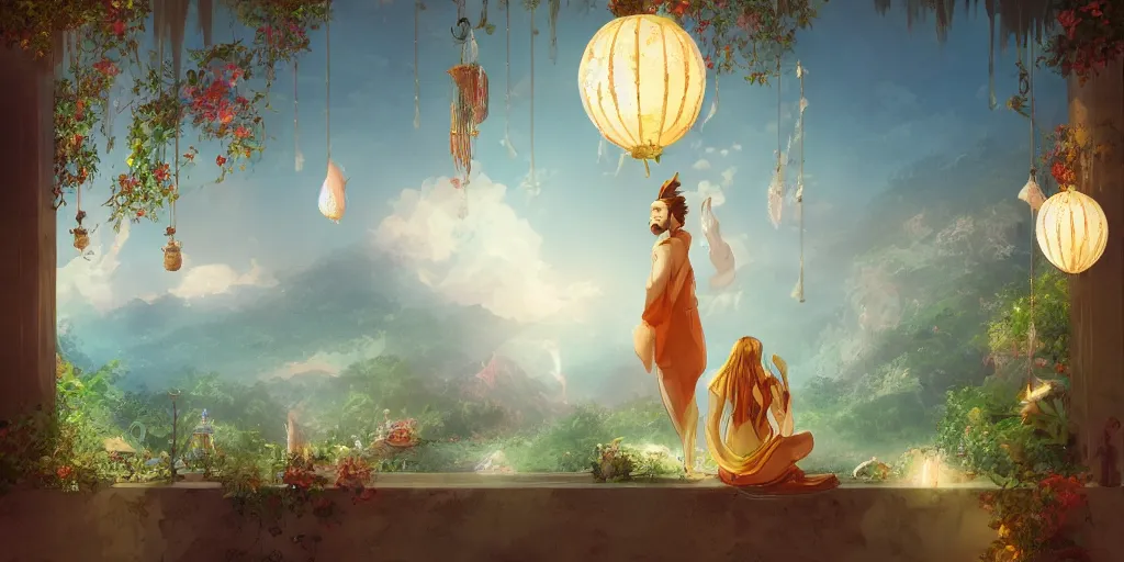 Image similar to wind god enjoying the view from his heavenly palace, decorated with windchimes and paper lanterns, stunning nature in background, digital art trending on artstation