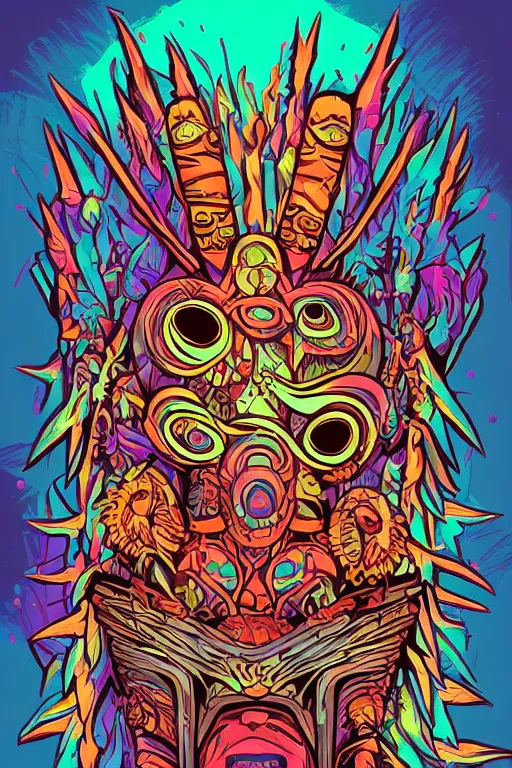 Image similar to totem animal mask tribal feather gemstone plant wood rock shaman vodoo video game vector illustration vivid multicolor borderlands comics by josan gonzales and dan mumford radiating a glowing aura