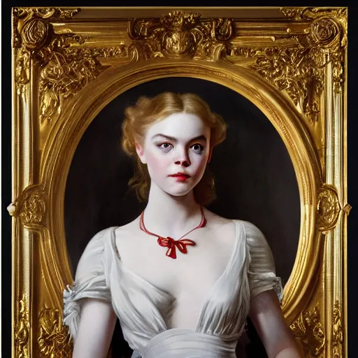 Image similar to Elle Fanning in a dark room, artstation, by J. C. Leyendecker and Peter Paul Rubens, Extremely detailed. 4K. Award winning.