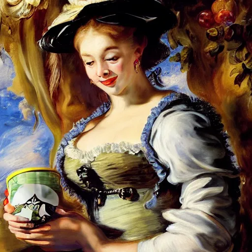 Image similar to heavenly summer sharp land sphere scallop well dressed lady holding a starbucks coffee cup, auslese, by peter paul rubens and eugene delacroix and karol bak, hyperrealism, digital illustration, fauvist, starbucks coffee cup