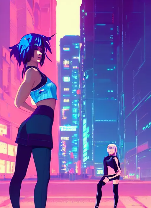 Image similar to digital illustration of cyberpunk pretty girl with blue hair, wearing a crop top and a skirt, wearing nike air mags, full body pose, in city street at night, by makoto shinkai, ilya kuvshinov, lois van baarle, rossdraws, basquiat