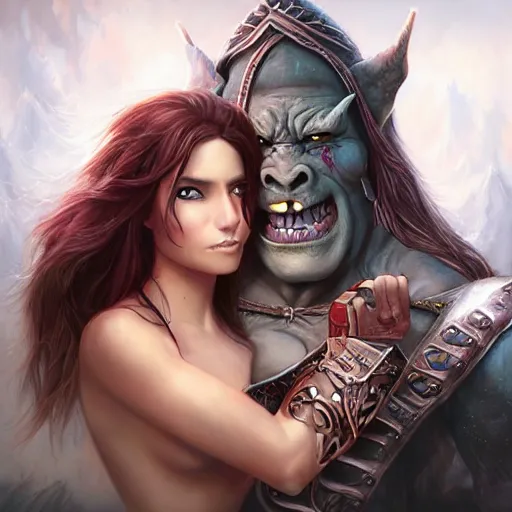 Image similar to the orc and the princess, painting by Artgerm