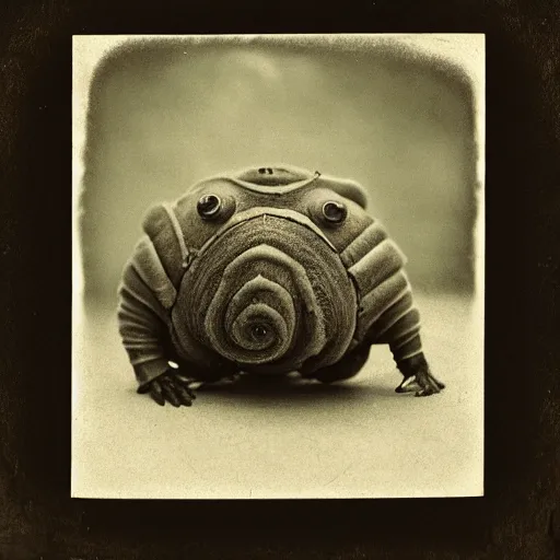 Image similar to tardigrade!!! daguerreotype portrait photograph. inspired by gerard grom and studio ghibli!!! and ansel adams and zdzislaw beksinski. highly detailed. old timey.