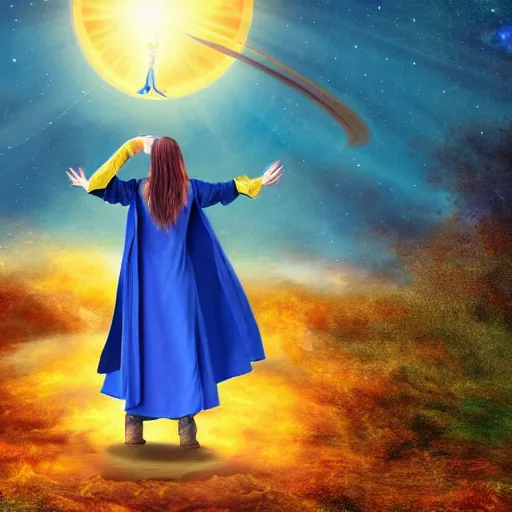 Prompt: high definition illustration of young mage woman with long blue cape, fire in outstretched hand, flowing brown hair, enjoying the view of a horizon of close planets in the sky, dense jungle, high definition, extremely detailed, hyper realism