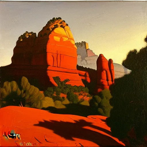 Prompt: sedona's cathedral rock bluff, oil painting at twilight, intricate lines, elegant, extreme detail, smooth, sharp focus, art by vermeer and edward church