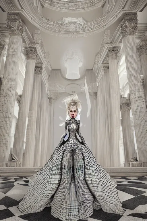 Image similar to a beautiful hyperrealistic ultradetailed 3D, one girl in a magnificent McQueen couture dress on against the backdrop of a marble building, Designer clothes, futuristic clothes, clothes from the future, voge photo, fashion style, fullbody, in full growth, photorealistic, high resolution, trending on artstation, highly detailed, volumetric lighting, elegant, details, good clear quality, volumetric lighting,