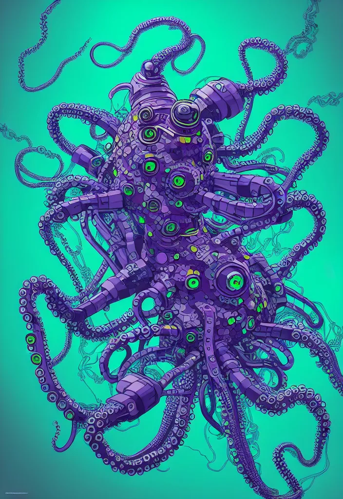 Image similar to robotic cyberpunk octopus by miyazaki, blue green purple black color palette, symmetrical vector illustration, kenneth blom, mental alchemy, james jean, pablo amaringo, naudline pierre, contemporary art, hyper detailed