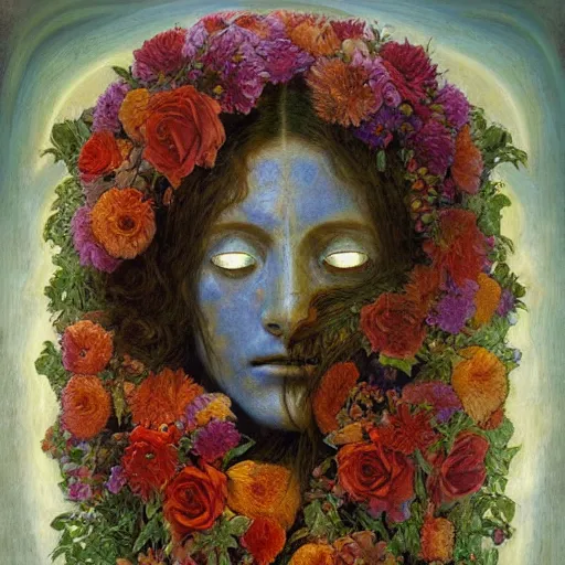 Prompt: masterpiece painting of a facemask made of flowers, by annie swynnerton and jean delville and tino rodriguez, flower mask, symbolist, dramatic lighting, god rays, elaborate geometric ornament, clean crisp graphics, soft cool colors, smooth, sharp focus, extremely detailed