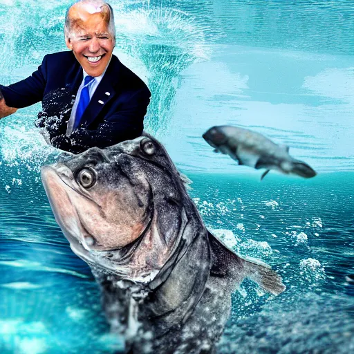 Prompt: president biden riding a fish underwater, ultra realistic, 8 k, ultra details, highly detailed face, sharp focus