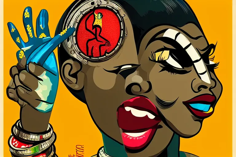 Image similar to mama africa laugh at her child!!! pop art, pixel, bioshock, gta chinatown, artgerm, richard hamilton, mimmo rottela, julian opie, aya takano, intricate, sharp focus, concept art, smooth, focus on details