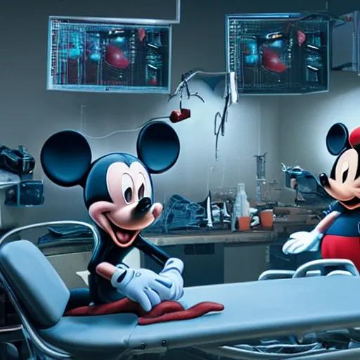 Image similar to mickey mouse being dissected by a group of network executives, on an operating table, octane render, cgstation, 3 d render, very detailed, mindblowing, blood and guts, gritty, cyberpunk