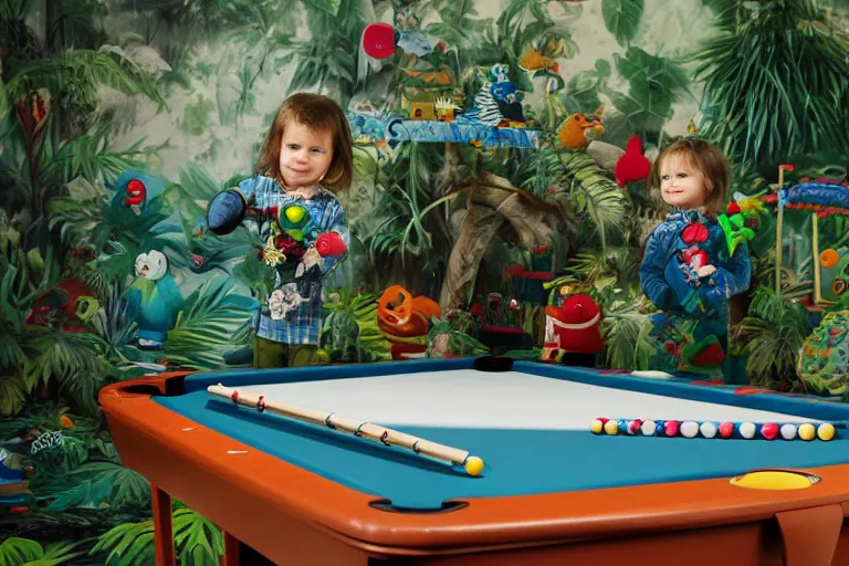 Image similar to fisher price pool table snowy jungle, studio photography 85mm