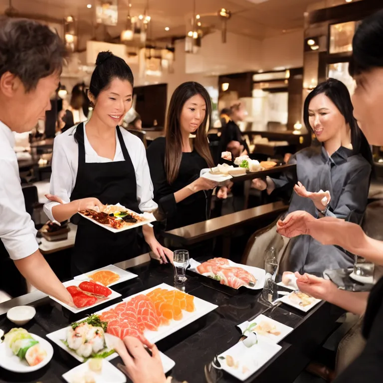 Image similar to a woman asking a waiter for a sushi inside of a luxurious 5 star sushi restaurant, theres a line of people in the womans back waiting for an order too