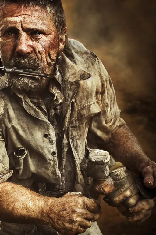 Prompt: realistic photograph of a rugged gas man in the middle of battle, highly detailed, cinematic, portrait, close - up,