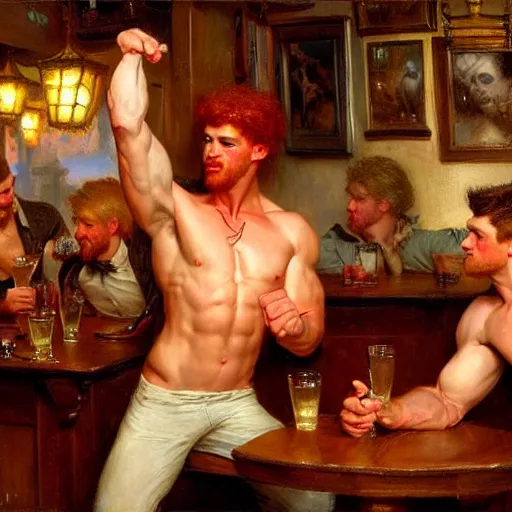 Image similar to attractive muscular mike with ginger hair with muscular attractive tyler with brunet hair, drinking their hearts out, in a pub. very defined and highly detailed painting by gaston bussiere, j. c. leyendecker, craig mullins 8 k