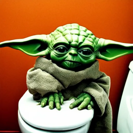 Image similar to yoda sitting on toilet