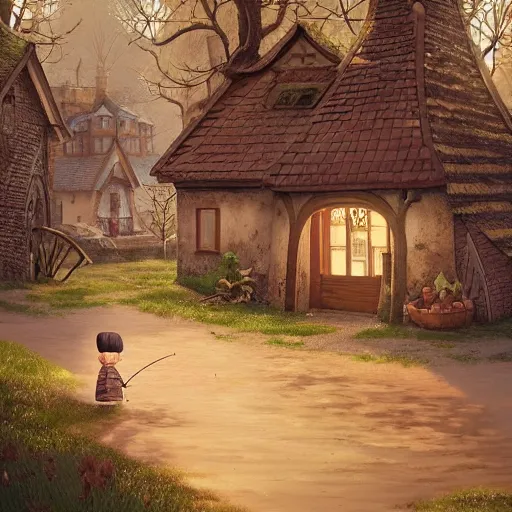 Prompt: gediminas pranckevicius concept art painting of a historic bakery with european and japanese architecture, in a woodland village surrounded by trees, realistic, detailed, cel shaded, in the style of makoto shinkai and greg rutkowski and james gurney