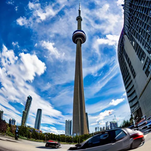 Image similar to a photo of a ibishu covet driving near the cn tower, fisheye lens, 1 9 mm.