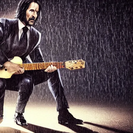 Image similar to john wick playing a guitar in the rain photorealistic realistic dramatic cinematic photography