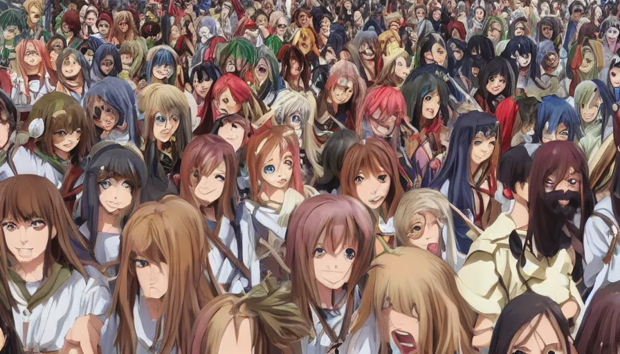 Image similar to jesus christ our lord standing in the front leading an army of cute anime girls into battle, photorealistic, anime, realistic faces, mini skirt, long hair, lightly dressed, renaissance painting, hyper real, detailed, closeup shot, ultra detailed