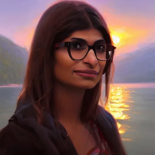 Image similar to a closeup portrait of a mia khalifa, dramatic light, lake background, sunset, dark, painted by stanley lau, painted by greg rutkowski, painted by stanley artgerm, digital art, trending on artstation