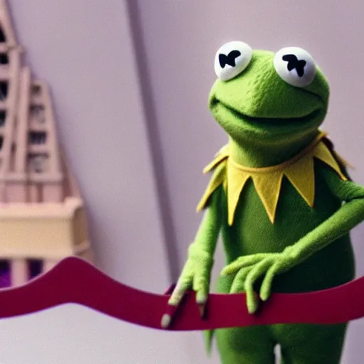 Prompt: kermit the frog in grand budapest hotel
