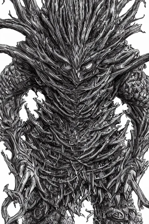 Prompt: armoured tree humanoid monster, symmetrical, highly detailed, digital art, tree armour, sharp focus, trending on art station, kentaro miura manga art style