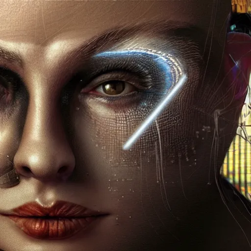 Prompt: full face close up portrait, visions of chaos in a thriving dystopia, by peter woodroffe, by igor morski, by laurie lipton, in a cyber - punk ally, cinematic lighting, volumetric lighting, neosurrealism, realistic shadows, particle effects, rendered in octane, punk, electric, cosmic, cybernetic