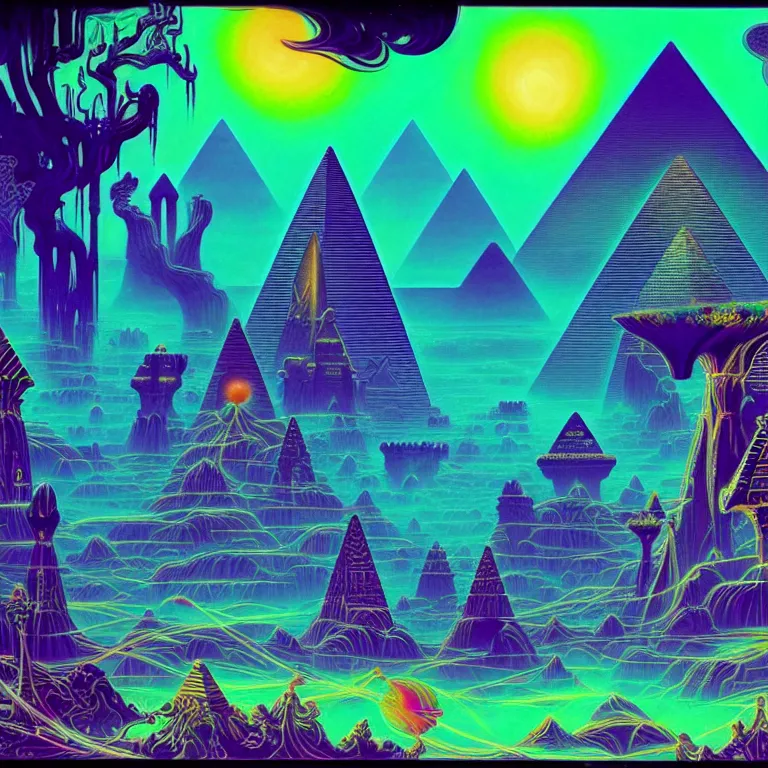 Prompt: mysterious egyptian dieties hovering over mystical crystal temple, infinite fractal waves, synthwave, bright neon colors, highly detailed, cinematic, eyvind earle, tim white, philippe druillet, roger dean, ernst haeckel, lisa frank, aubrey beardsley, stanley kubrick