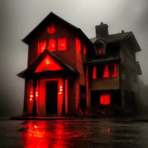 Prompt: a spooky monster house with glowing red eyes on a dimly lit street during a thunderstorm, cinematic, award winning horror photography