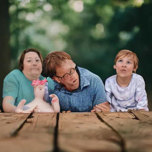 Image similar to a family made out of wood sit in a park 5 0 mm lens, f 1. 4, sharp focus, ethereal, emotionally evoking, head in focus, volumetric lighting, 8 k