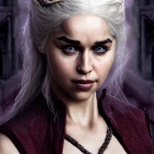 Image similar to digital matte painting of daenerys targaryen gothic clothing red and blonde hair purple eyes, detailed face headshot dark dramatic mysterious style of luis royo, 8 0 mm camera, high detail, hd 8 k