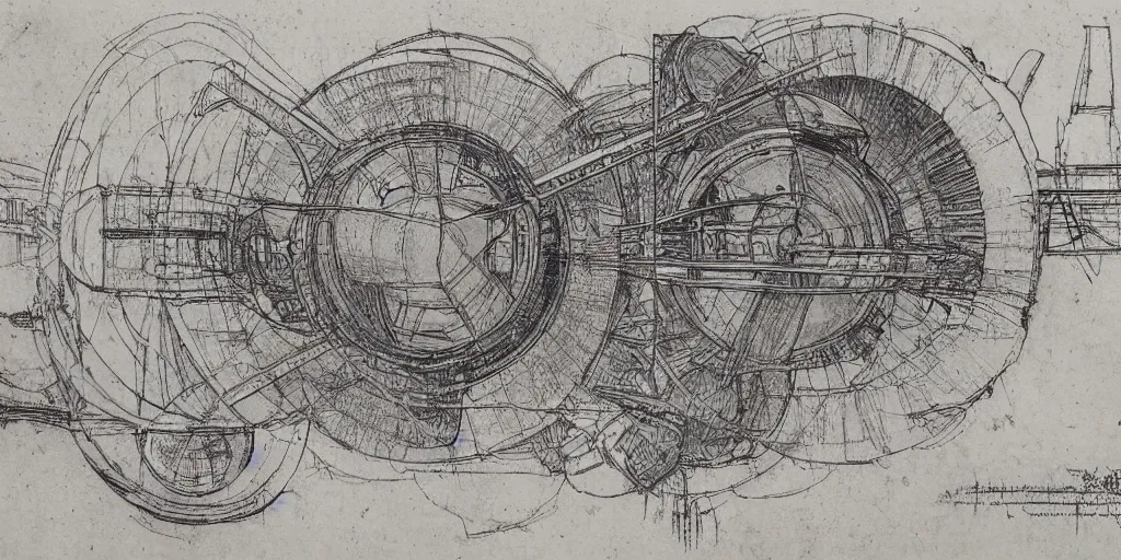 Image similar to leonardo da vinci color intricate full page scan blueprint of an environmental turbine machine, on paper, black ball pen style, :: ultra-detailed technical precision :: mixed media with white and silver lines, realistic composition, point of interest at golden ratio, light from right, more darkness on the bottom, monumentally art composition, high quality of sketching with subtle hairlines, highly detailed rounded forms, inside out and outside in, octane render