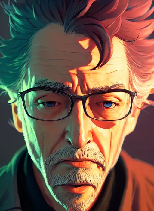 Image similar to portrait of rick sanchez, intricate, headshot, key visual, conceptart, ambient lighting, highly detailed, digital painting, artstation, concept art, sharp focus, by makoto shinkai and akihiko yoshida and greg manchess